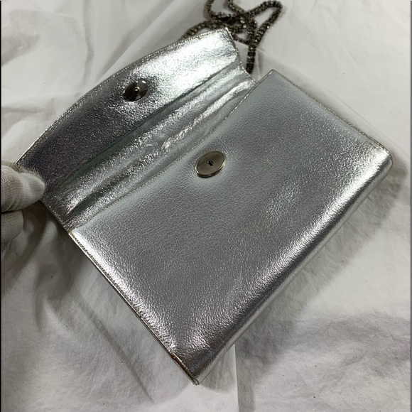 Genuine MORRIS MOSKOWITZ metallic silver kidskin shoulder bag with rhinestones - Picture 8 of 16